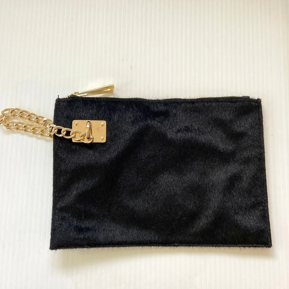 Sondra Roberts Squared Black Faux Fur Leather Gold‎ Chain Wristlet Clutch